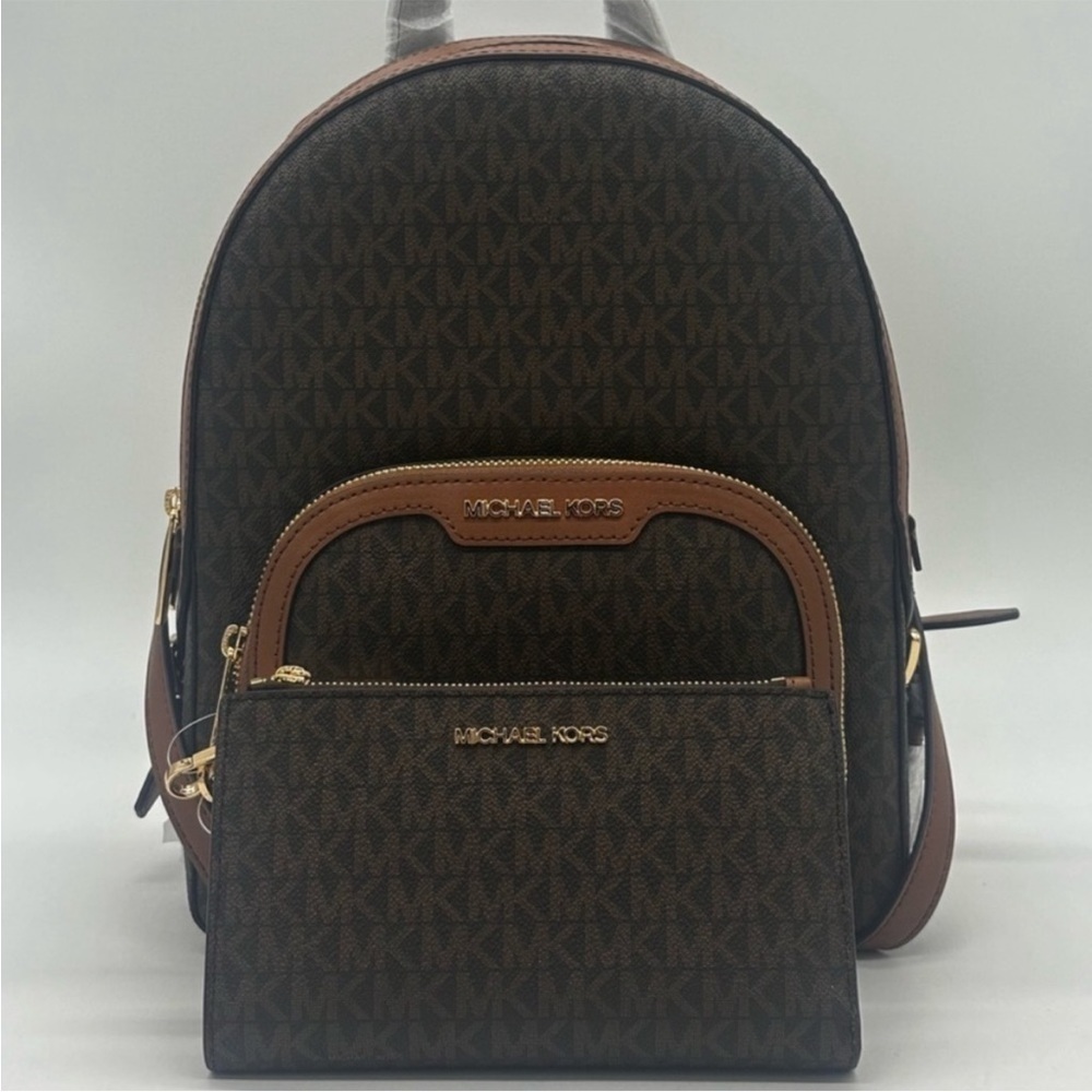 Michael Kors Medium Jaycee Zip Packet Backpack &Double Zip Wallet Wristlet Brown - Picture 3 of 16